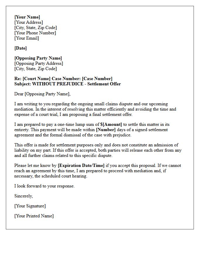 Lump Sum Small Claims Mediation Settlement Offer Letter