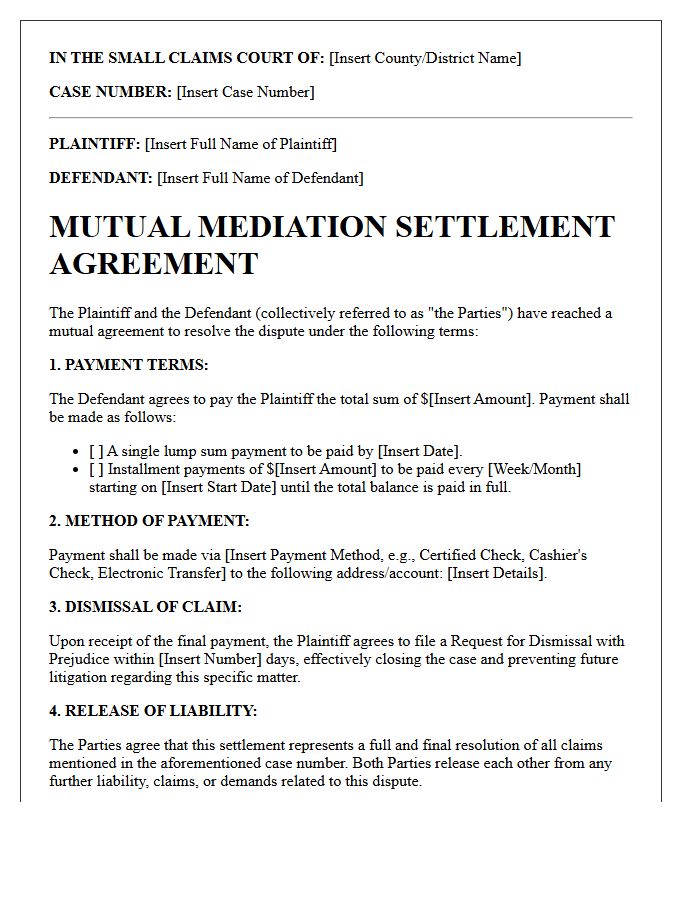 Mutual Agreement Small Claims Mediation Settlement Letter