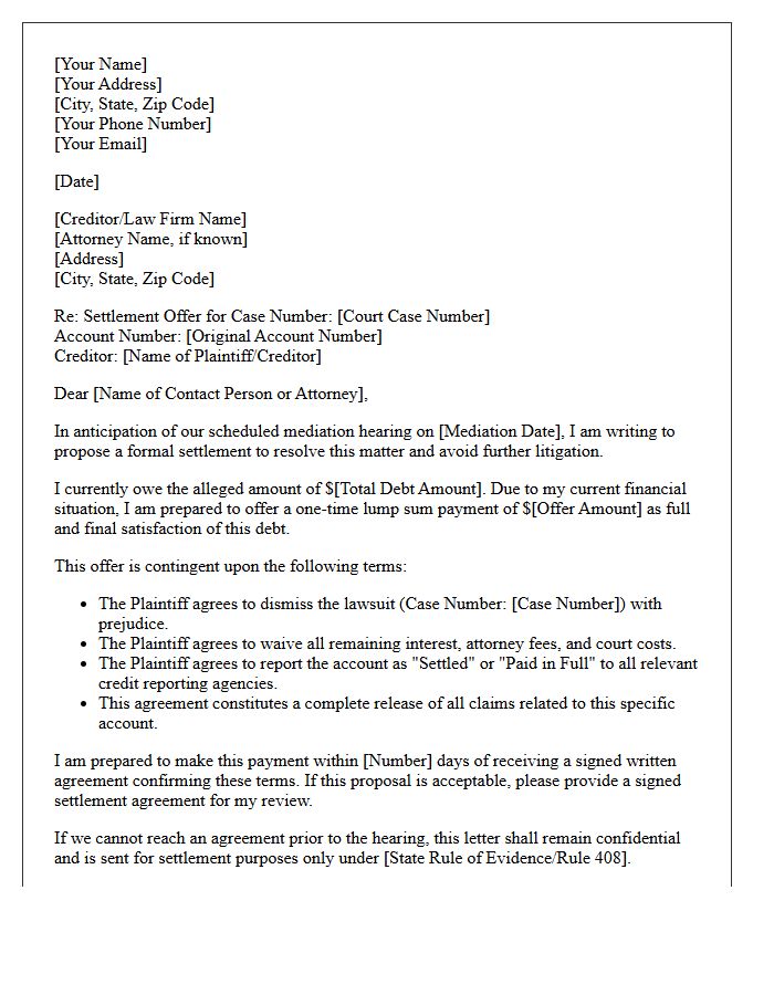 Pre-Hearing Debt Collection Mediation Settlement Letter