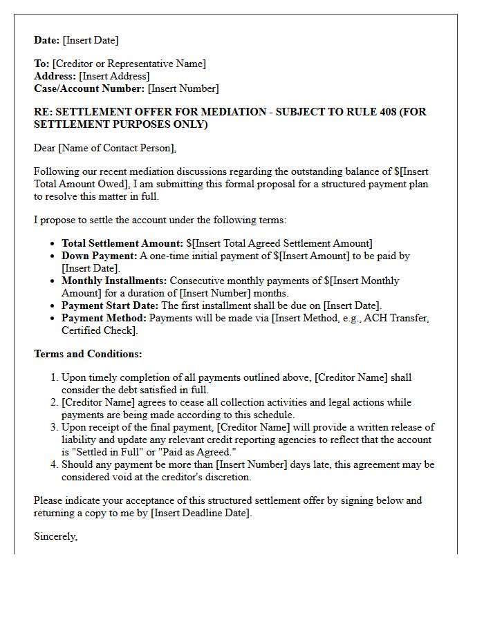 Structured Payment Plan Mediation Settlement Offer Letter