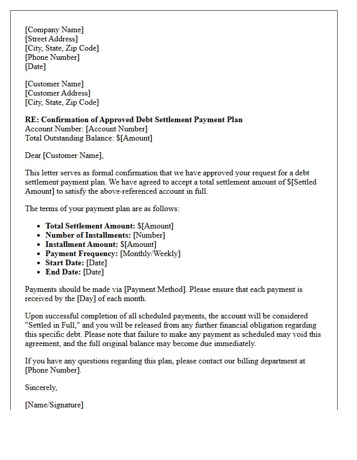 Approved Debt Settlement Payment Plan Confirmation Letter