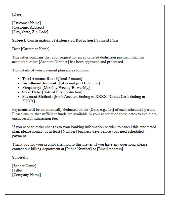 Automated Deduction Payment Plan Confirmation Letter