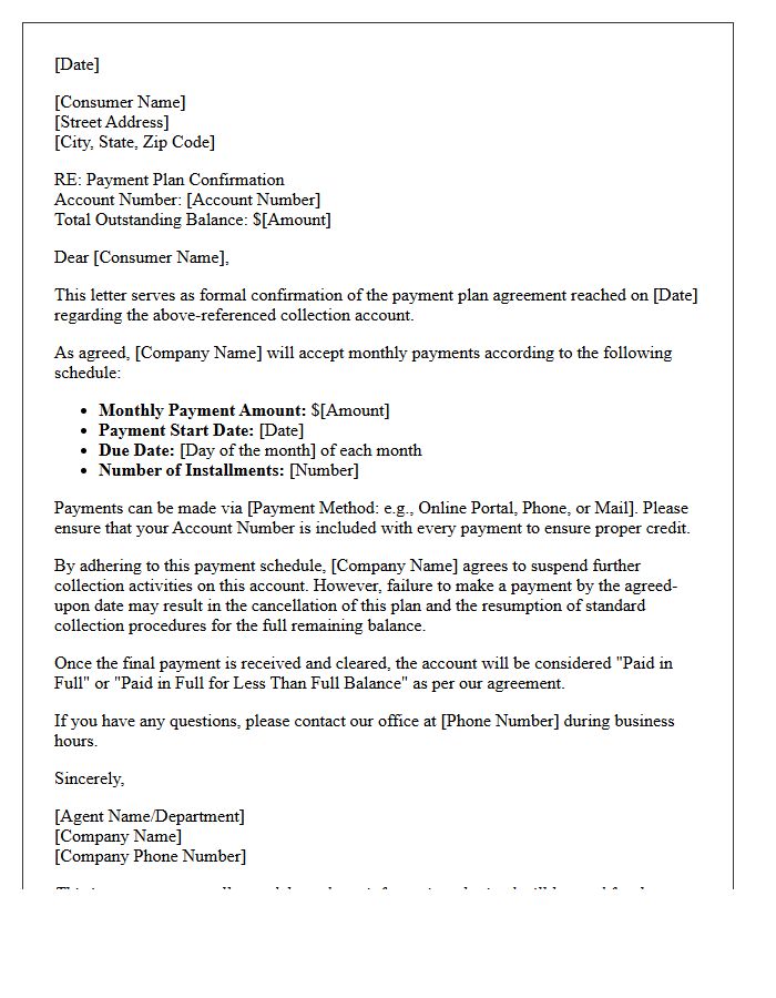 Collection Account Payment Plan Confirmation Letter