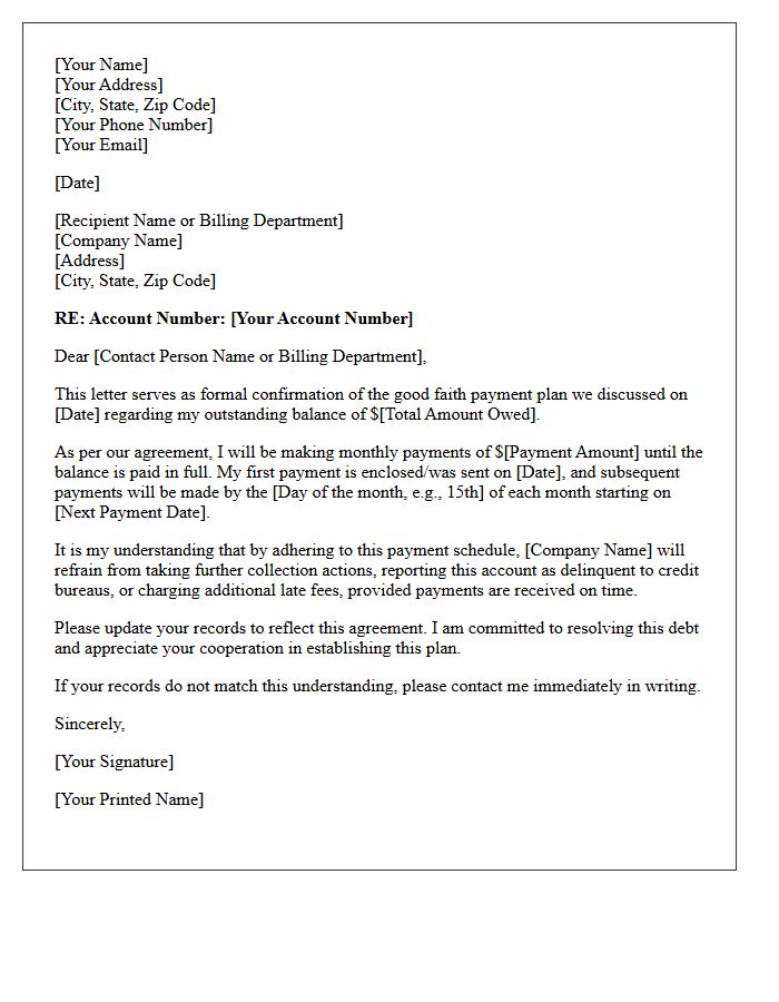 Good Faith Payment Plan Confirmation Letter