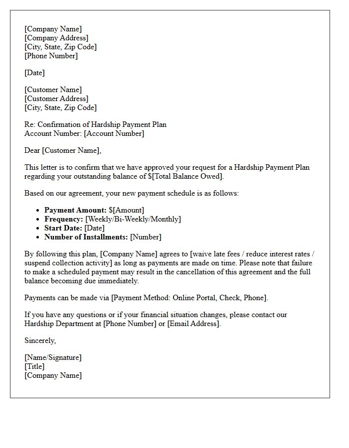Hardship Agreement Payment Plan Confirmation Letter