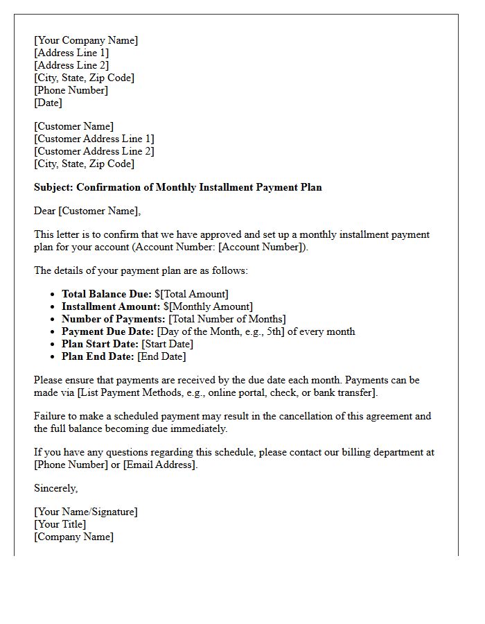 Monthly Installment Payment Plan Confirmation Letter