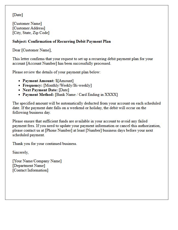 Recurring Debit Payment Plan Confirmation Letter