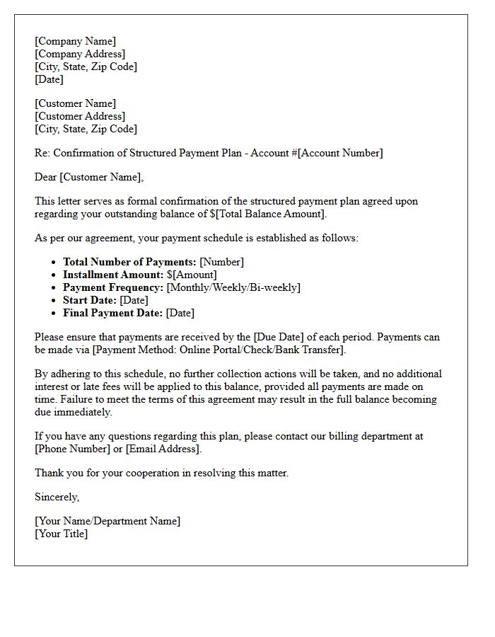 Structured Balance Payment Plan Confirmation Letter