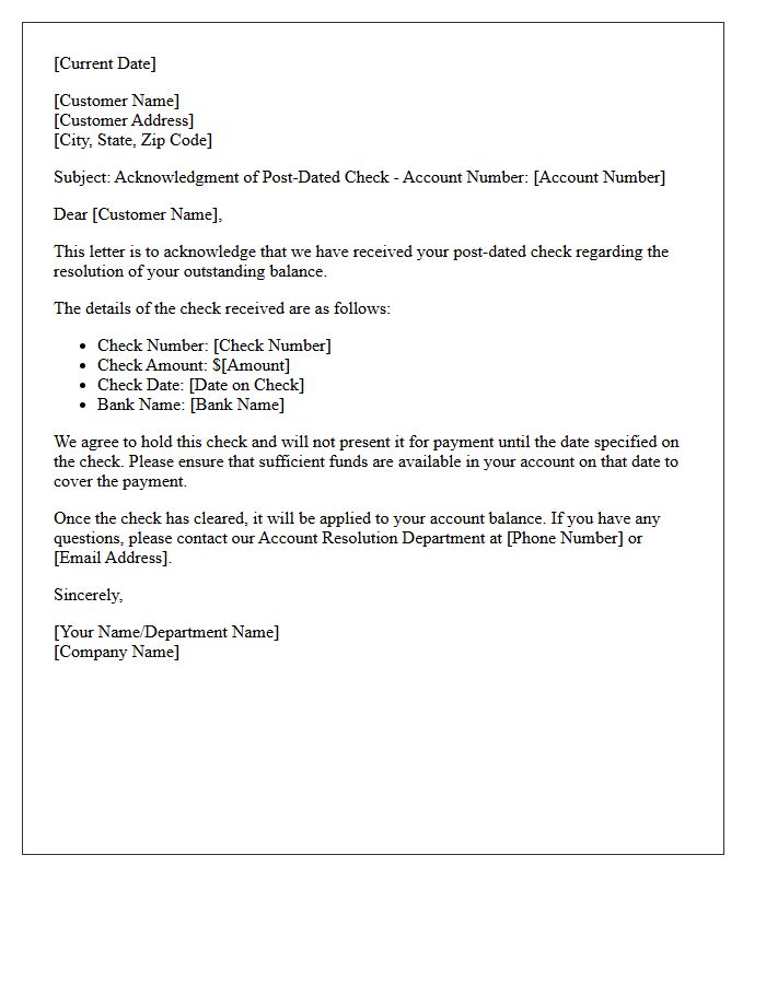 Account Resolution Post-Dated Check Acknowledgment Letter