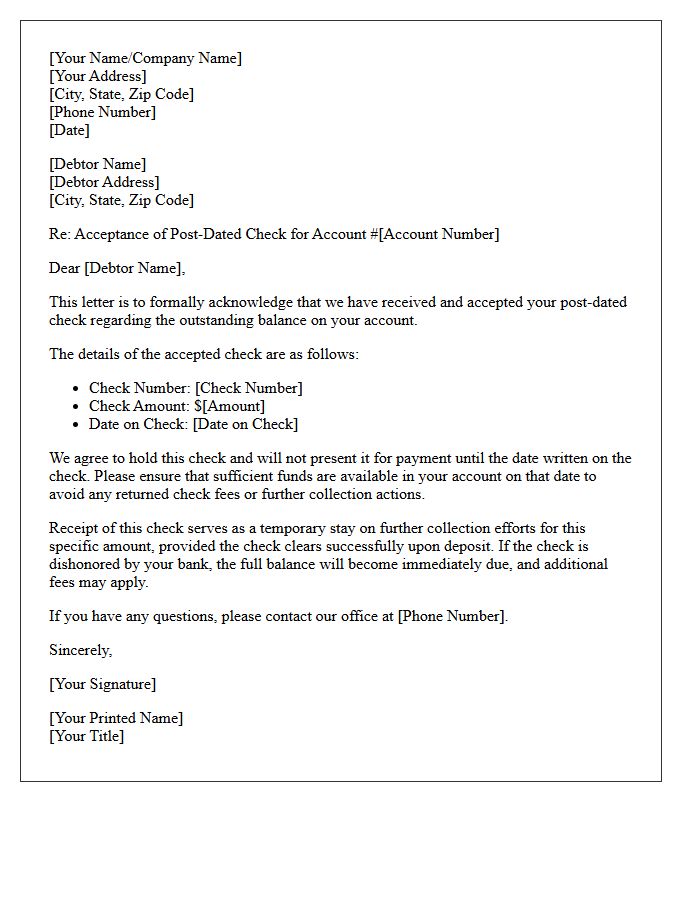 Creditor Post-Dated Check Acceptance Letter