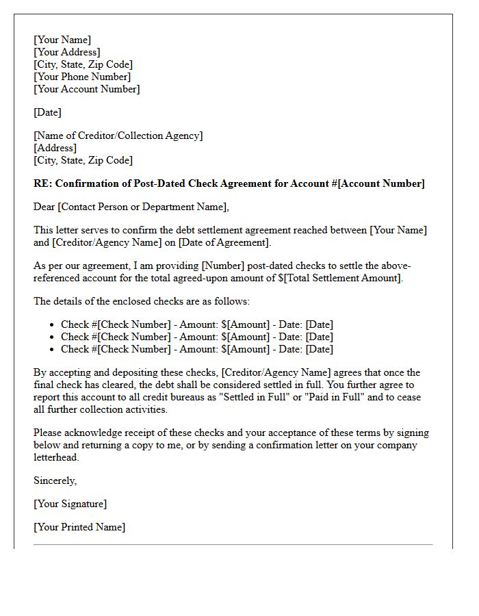 Debt Settlement Post-Dated Check Confirmation Letter