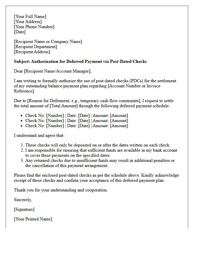 Deferred Payment Post-Dated Check Authorization Letter