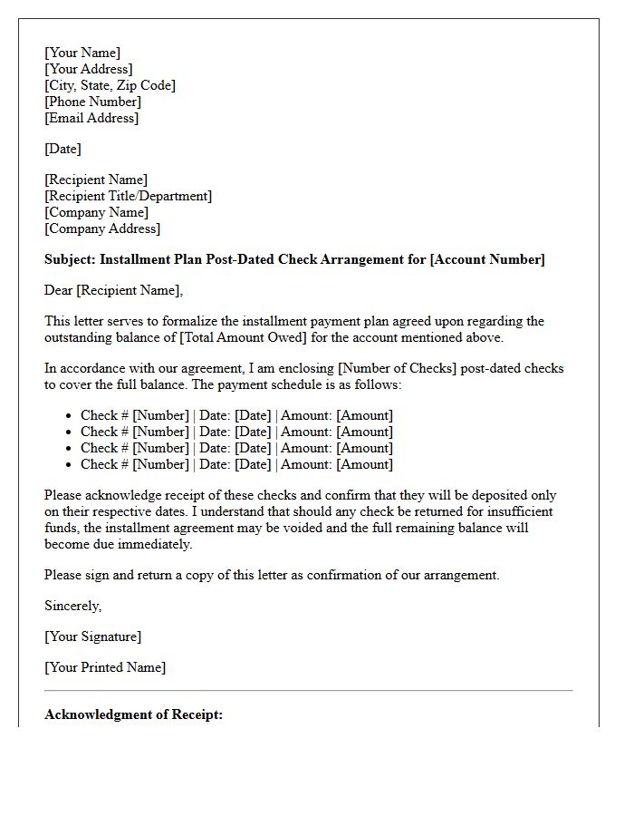 Installment Plan Post-Dated Check Arrangement Letter