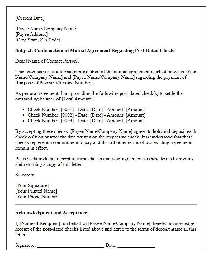 Mutual Agreement Post-Dated Check Confirmation Letter