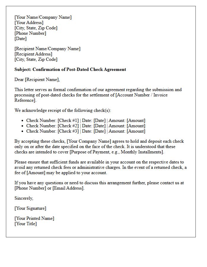 Post-Dated Check Agreement Confirmation Letter