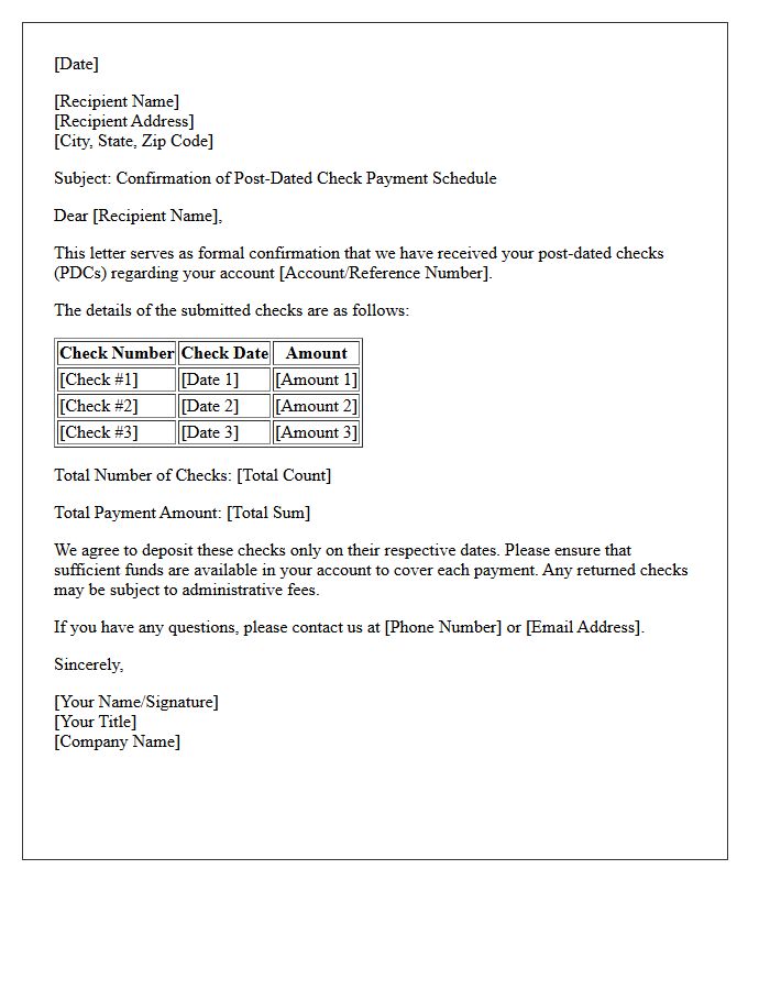 Post-Dated Check Payment Schedule Confirmation Letter