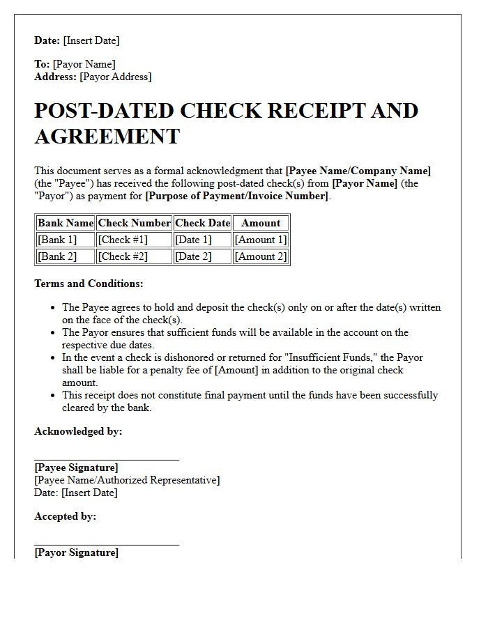 Post-Dated Check Receipt and Agreement Letter