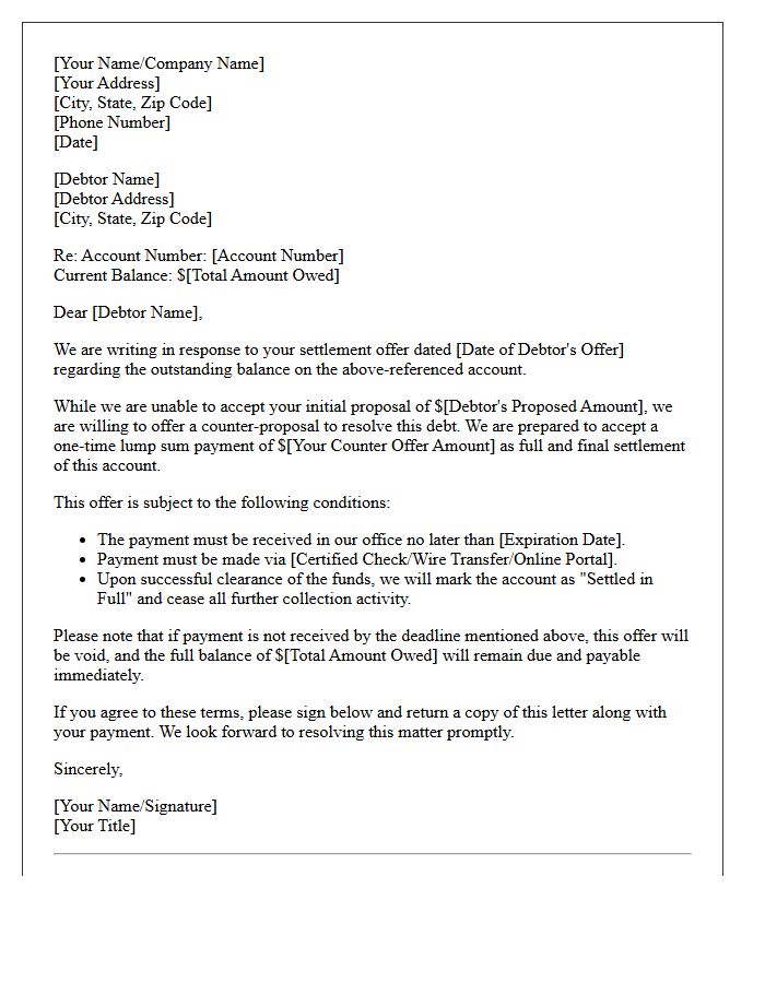 Creditor Counter Offer For Settlement Letter