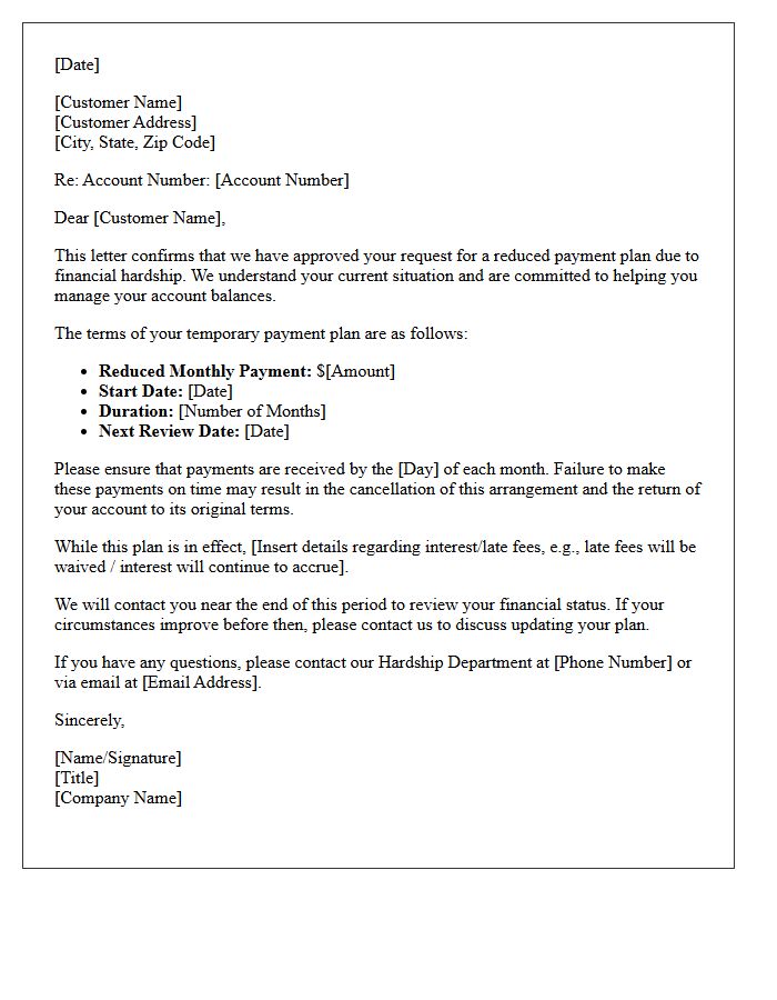 Financial Hardship Reduced Payment Plan Confirmation Letter