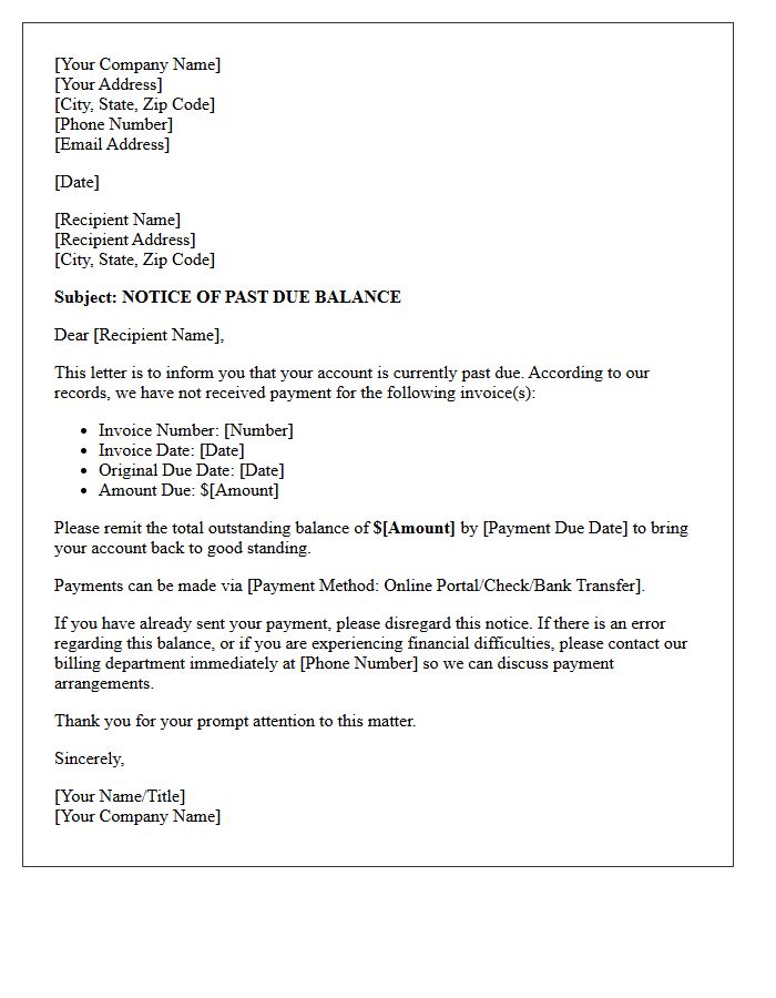 Past Due Balance Collection Notice Letter