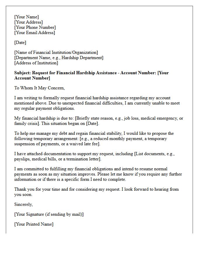 Request For Financial Hardship Assistance Letter
