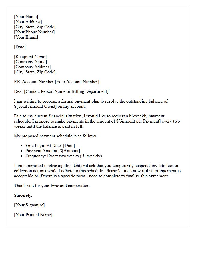 Account Resolution Bi-Weekly Payment Plan Letter