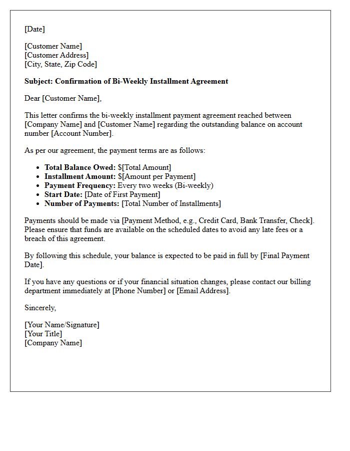 Bi-Weekly Installment Agreement Confirmation Letter