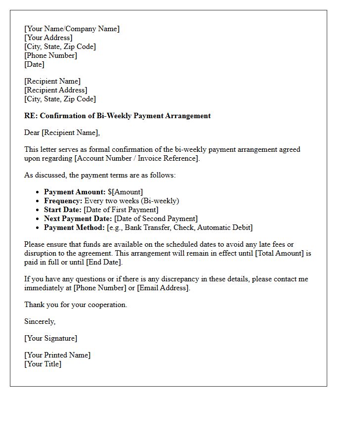 Bi-Weekly Payment Arrangement Confirmation Letter