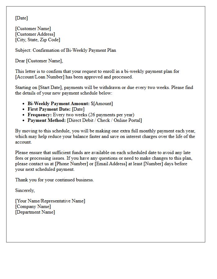 Bi-Weekly Payment Plan Confirmation Letter