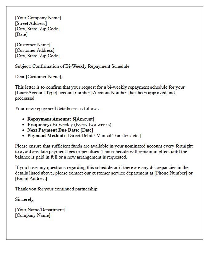 Bi-Weekly Repayment Schedule Confirmation Letter