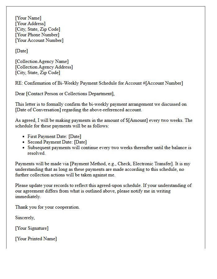 Collection Account Bi-Weekly Schedule Confirmation Letter