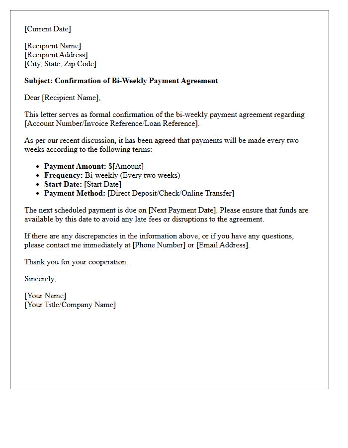 Confirmation Letter for Bi-Weekly Payment Agreement