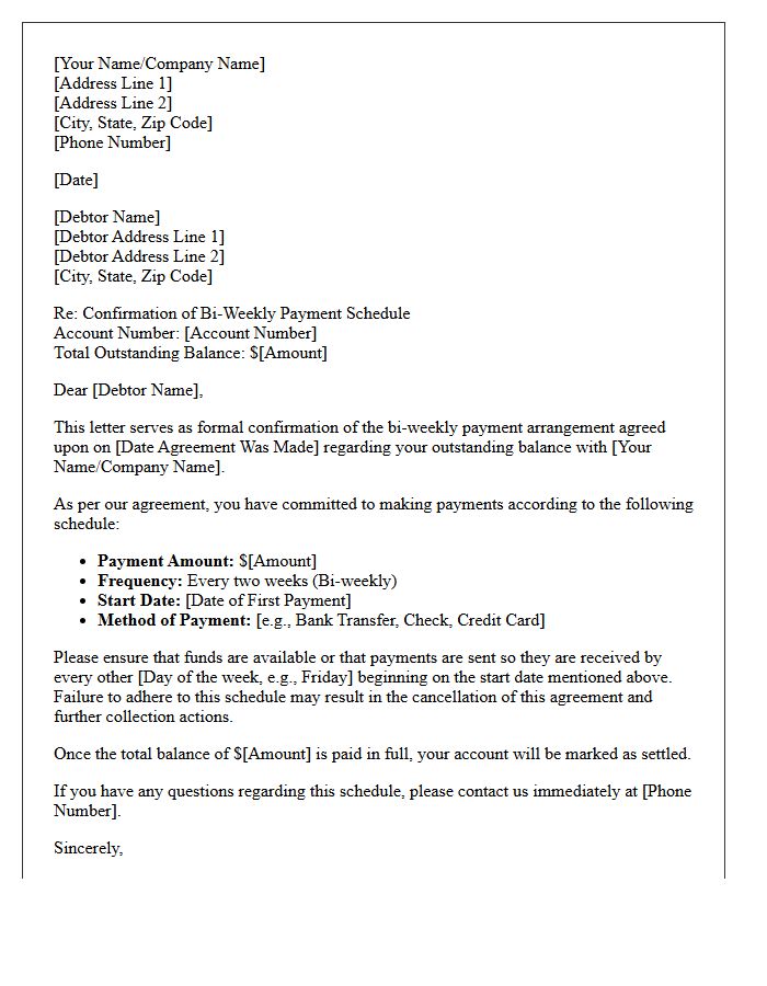 Debt Collection Bi-Weekly Schedule Confirmation Letter