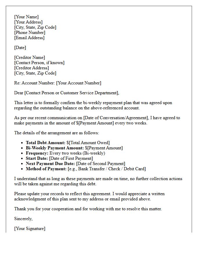 Letter Confirming Bi-Weekly Debt Repayment Plan