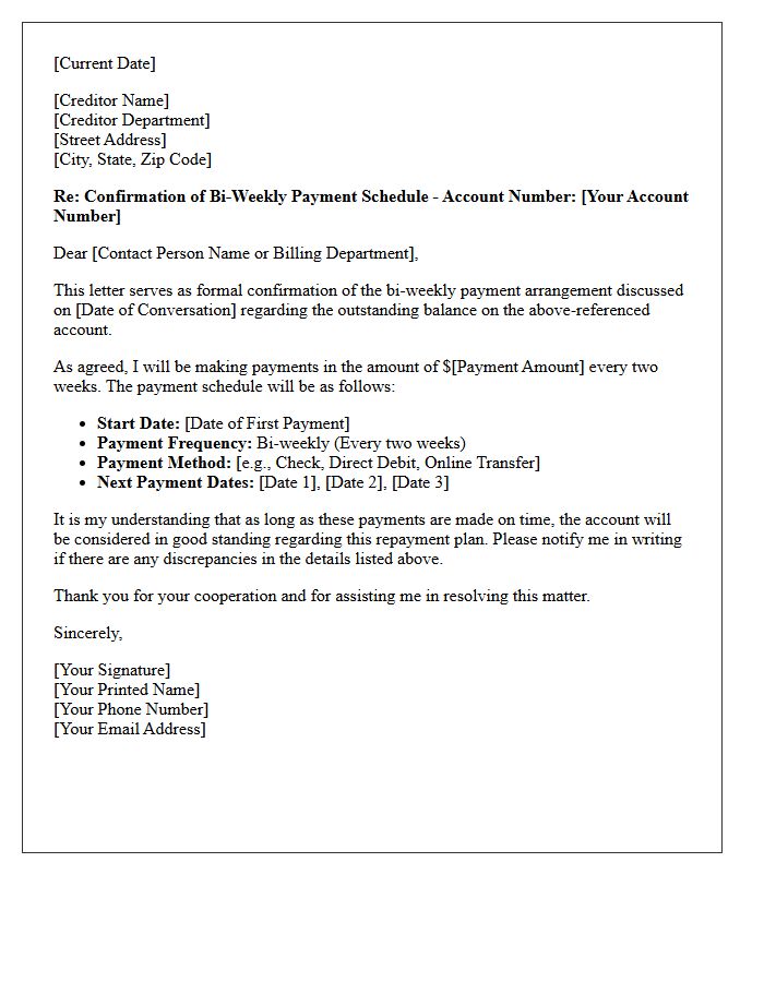 Letter of Confirmation for Bi-Weekly Debt Payment Schedule