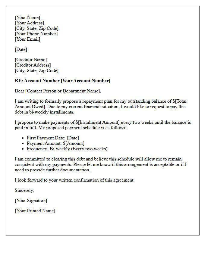 Outstanding Debt Bi-Weekly Payment Schedule Letter