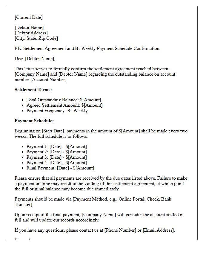Settlement and Bi-Weekly Payment Schedule Confirmation Letter