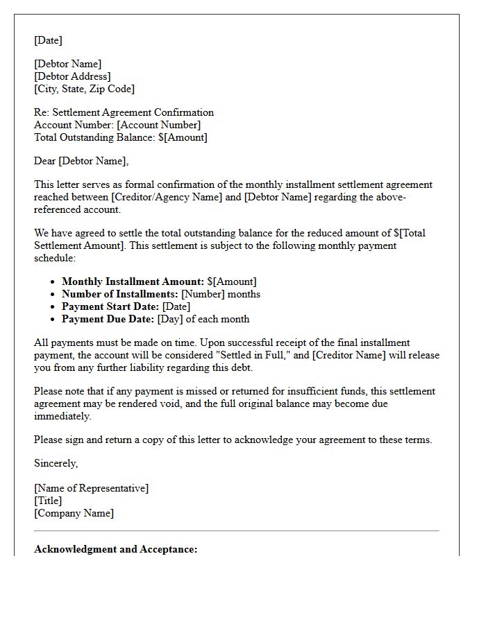 Debt Settlement Monthly Installment Confirmation Letter