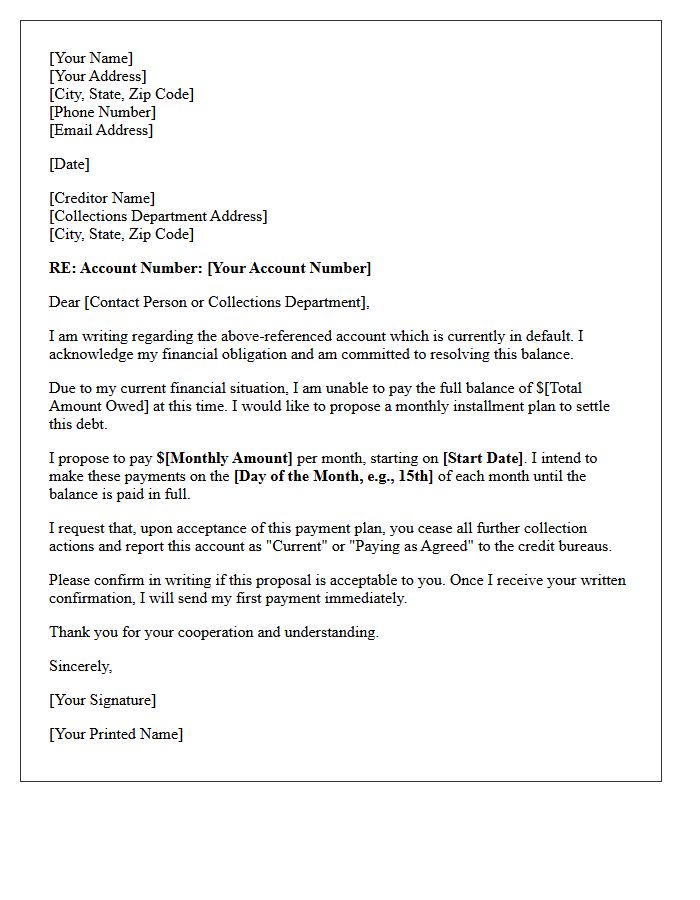 Defaulted Account Monthly Installment Plan Letter