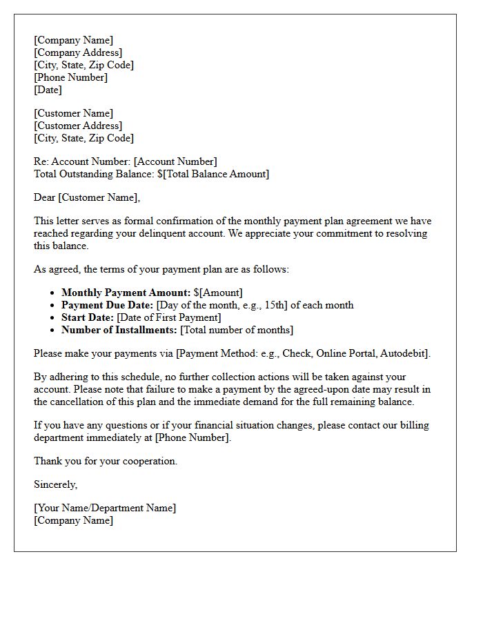 Delinquent Account Monthly Payment Plan Confirmation Letter