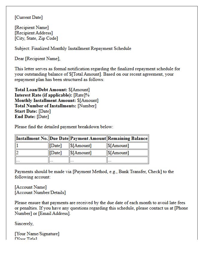 Finalized Monthly Installment Repayment Schedule Letter