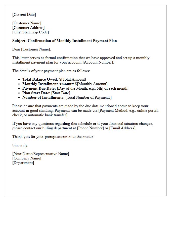 Monthly Installment Payment Plan Confirmation Letter