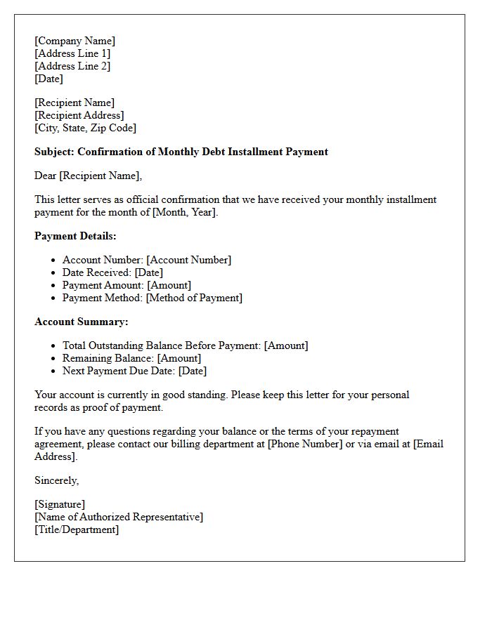 Official Monthly Debt Installment Confirmation Letter