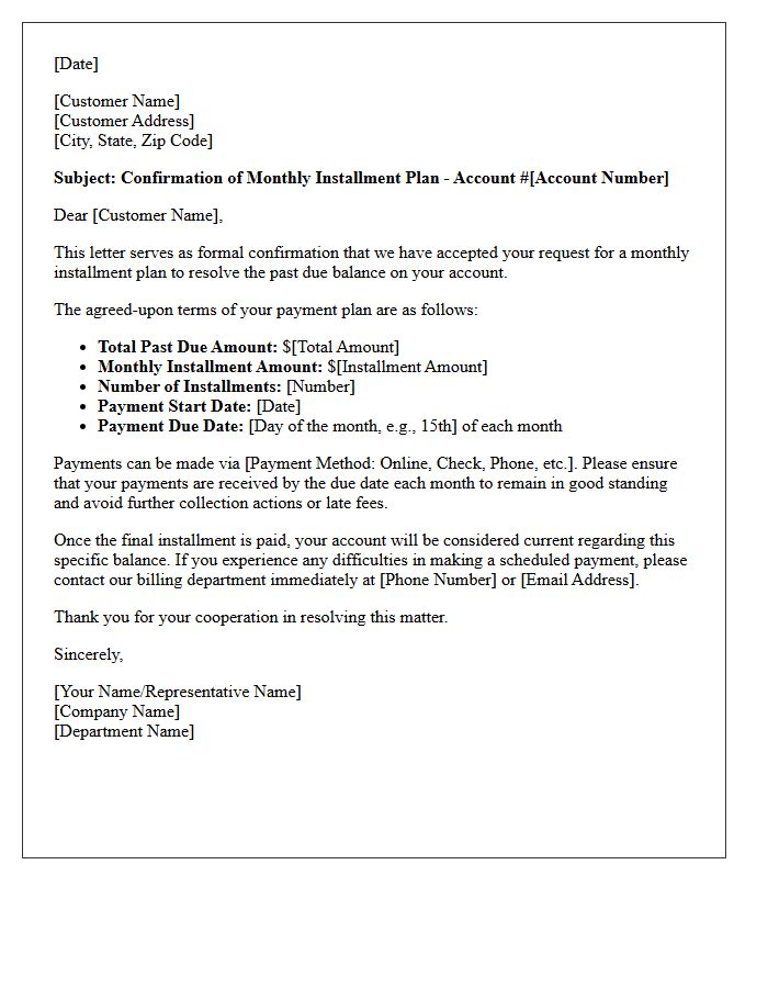 Past Due Account Monthly Installment Confirmation Letter