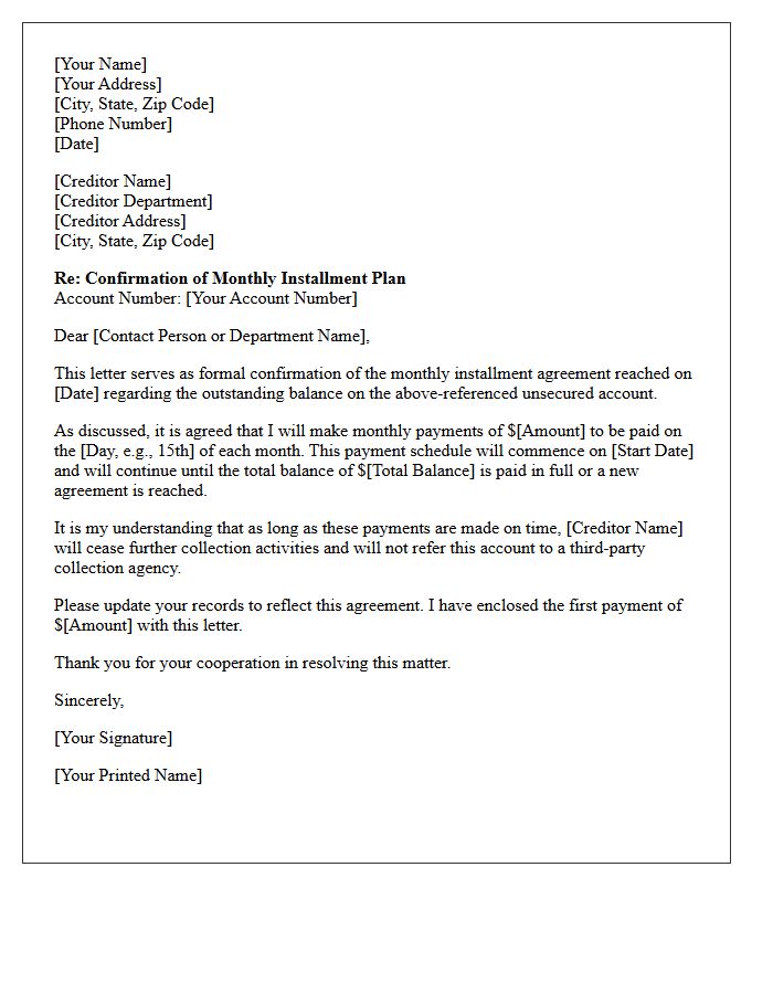 Unsecured Debt Monthly Installment Confirmation Letter
