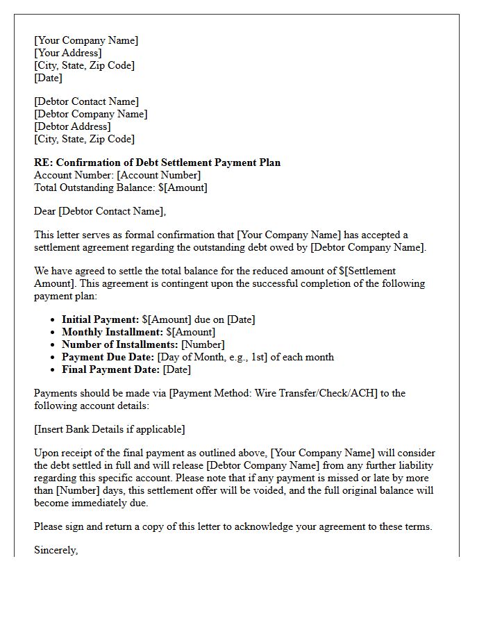 Commercial Debt Settlement Agreement Payment Plan Confirmation Letter