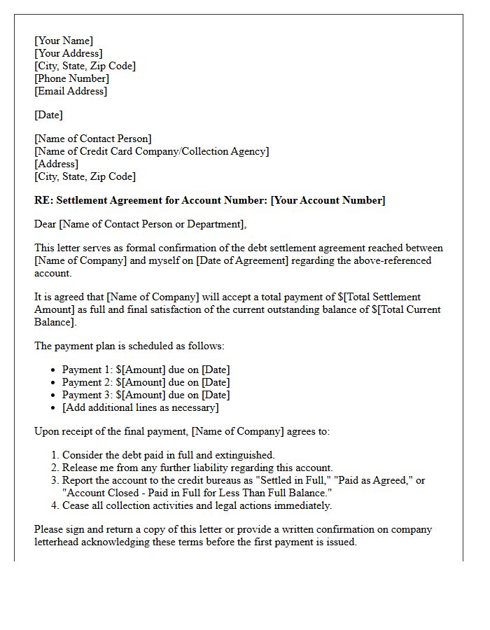 Credit Card Debt Settlement Agreement Payment Plan Confirmation Letter