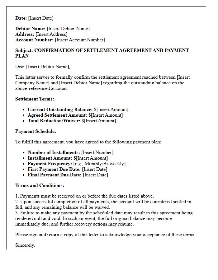 Default Recovery Settlement Agreement Payment Plan Confirmation Letter