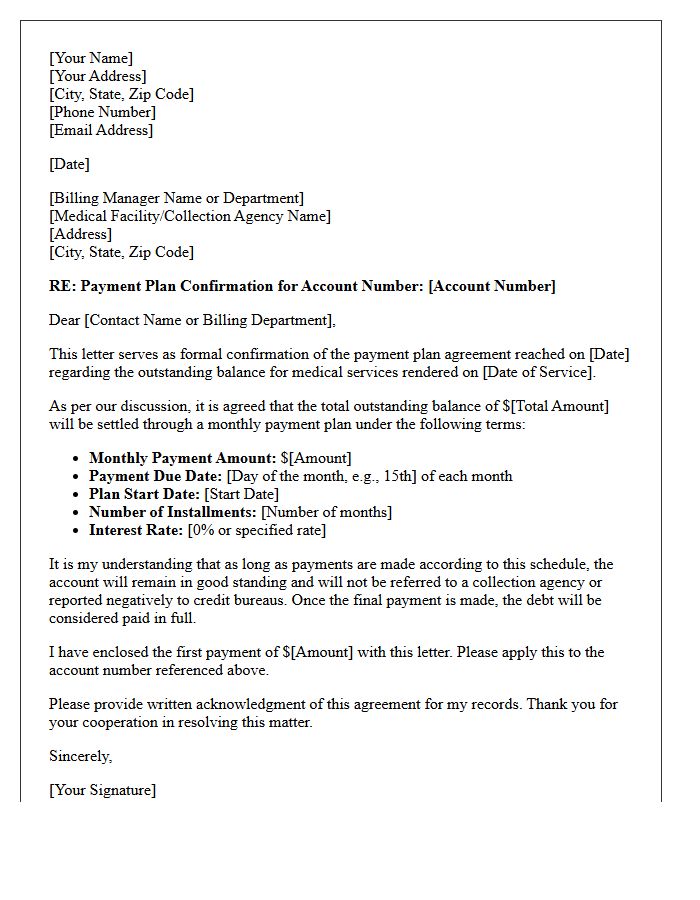 Medical Bill Settlement Agreement Payment Plan Confirmation Letter