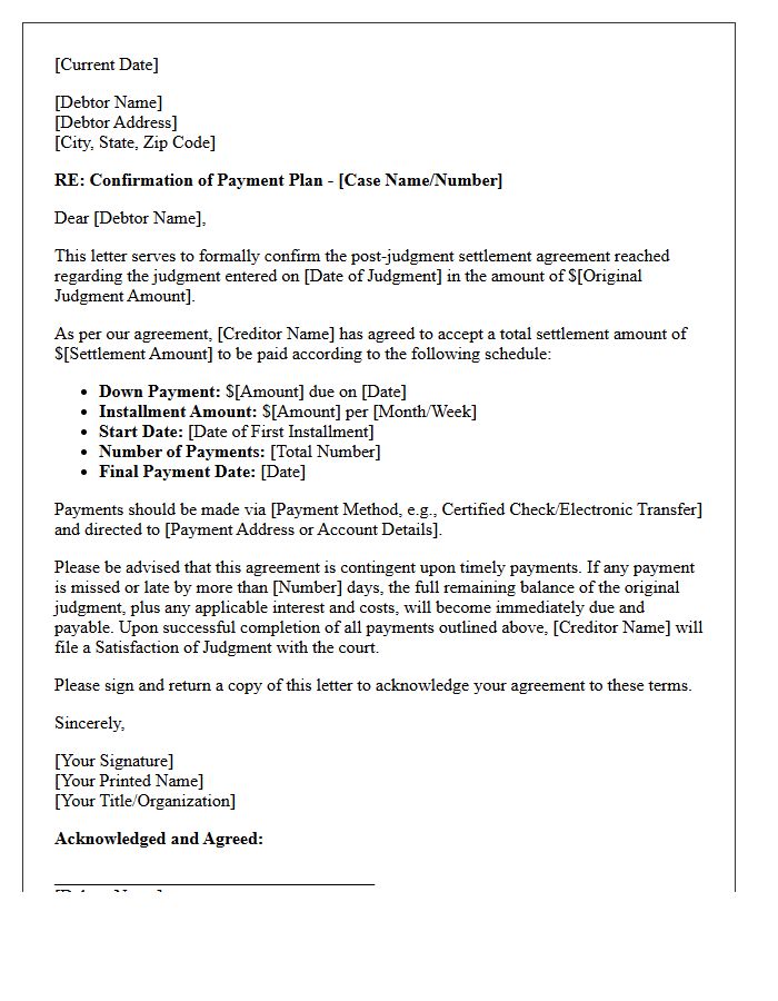 Post-Judgment Settlement Agreement Payment Plan Confirmation Letter